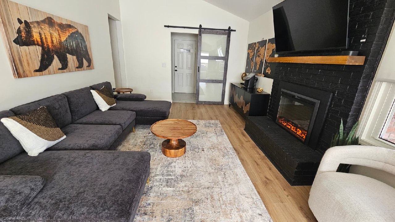 Family room with sliding glass door to backyard