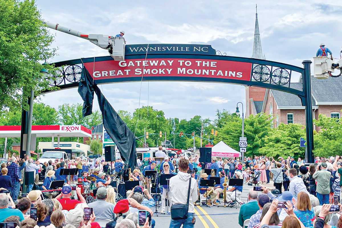 Gateway to the Great Smoky Mountains arch on Main Street in Downtown Waynesville NC